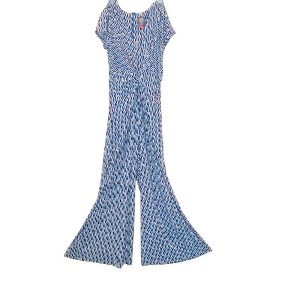 Vince Camuto Geometric Abstract Twist Front Cap Sleeve Jumpsuit Blue White Small